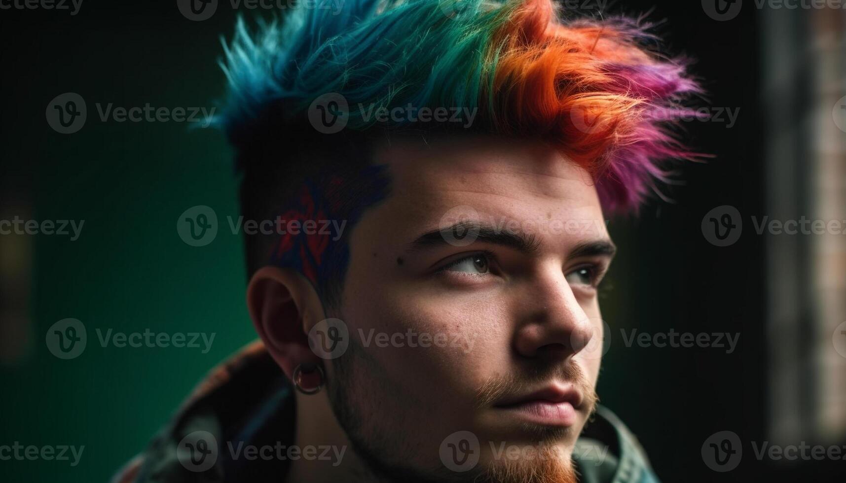 Young men elegance in modern punk fashion, looking away outdoors generated by AI photo