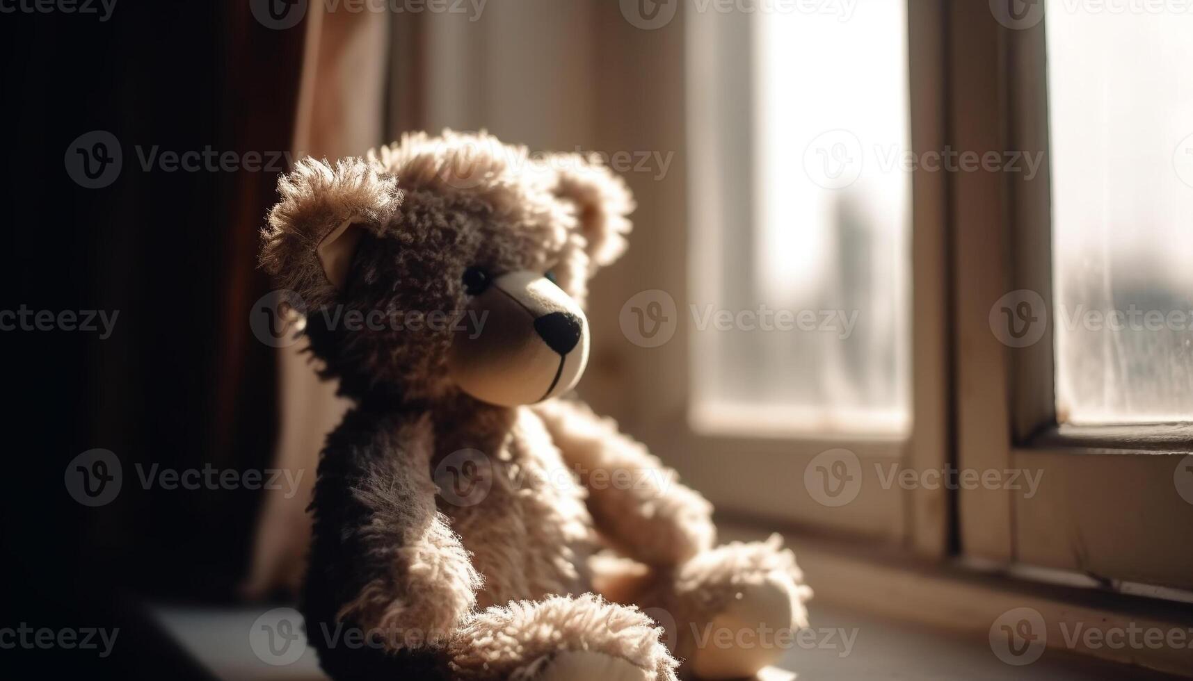 linda osito de peluche oso sentado en ventana umbral, trayendo infancia alegría generado por ai foto