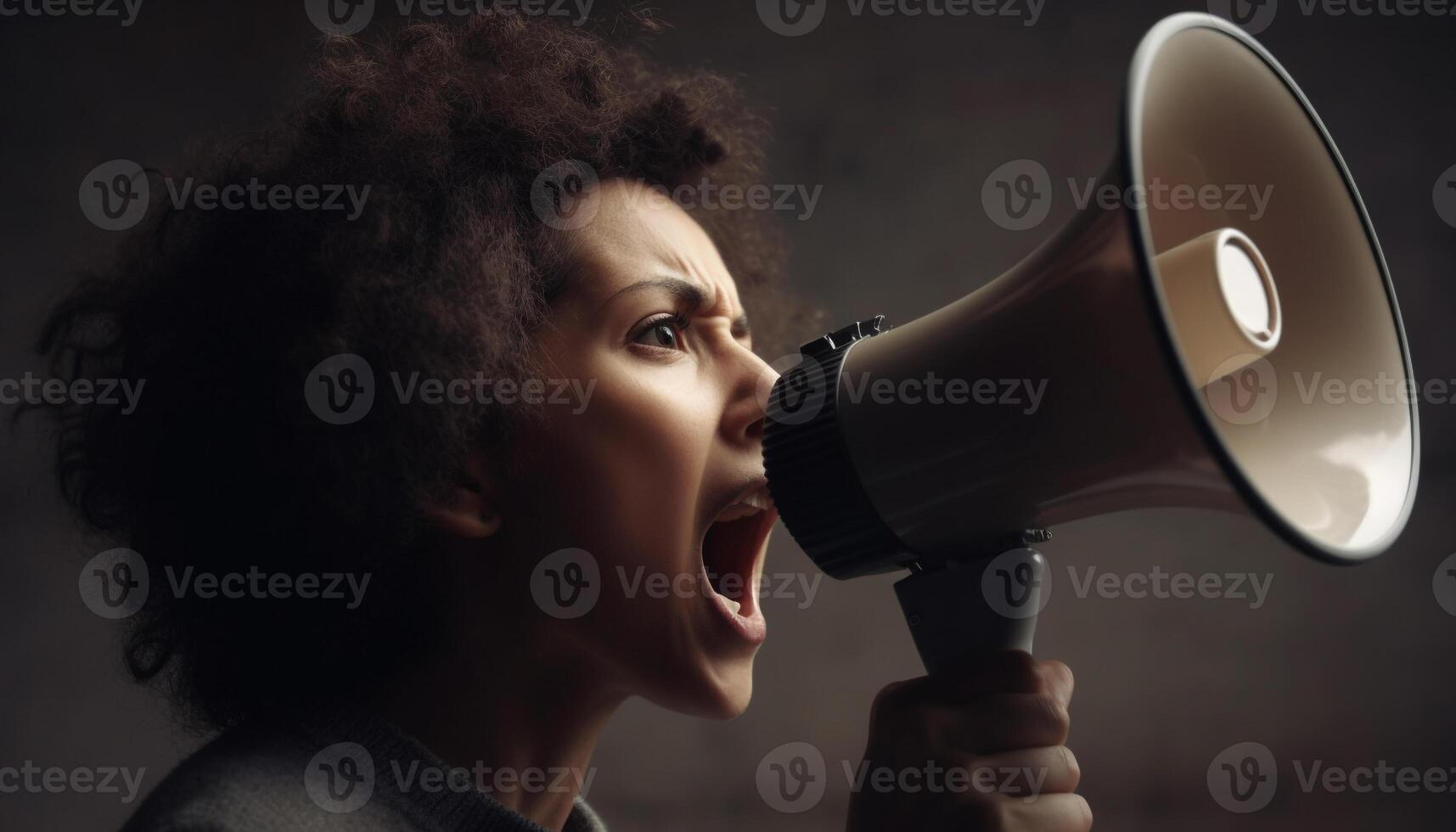Young women shouting into megaphone, broadcasting message of protest generated by AI photo