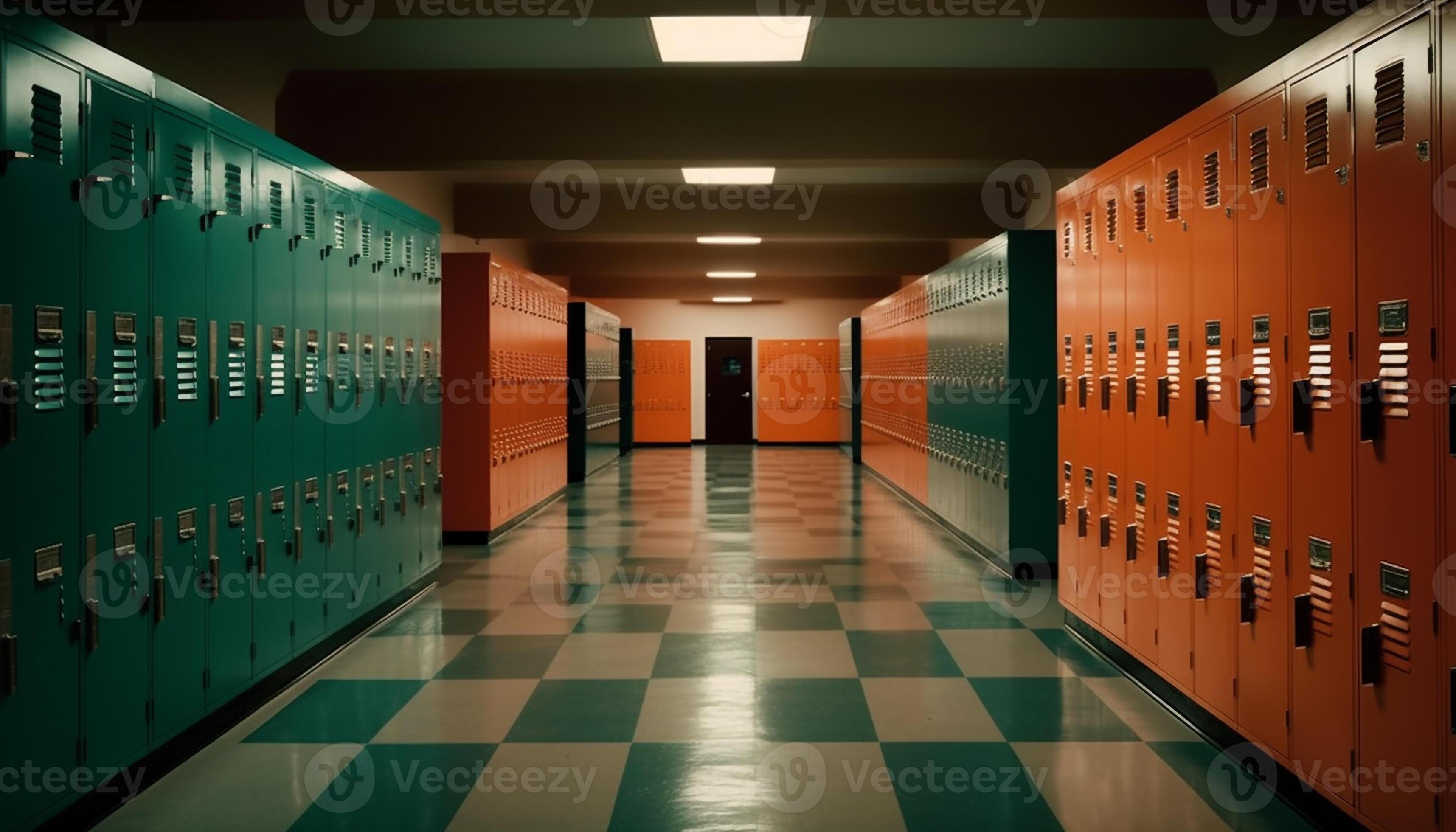 Empty locker room with blue and yellow lockers in a row generated by AI