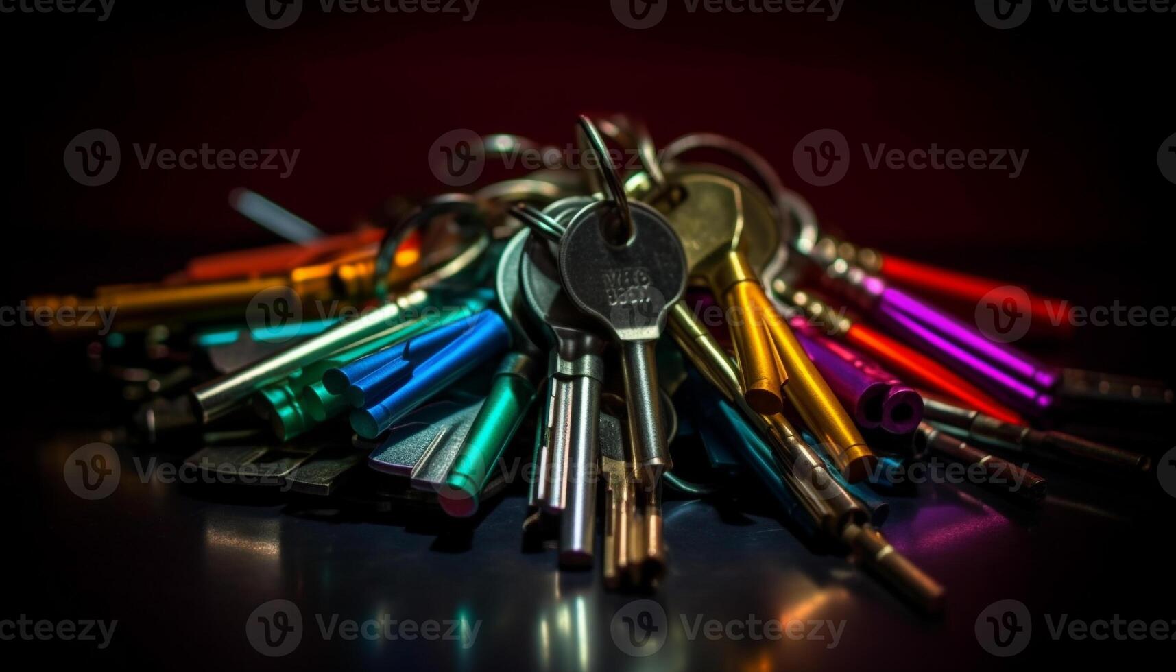 Metallic wrench on blue paper with yellow plastic key background generated by AI photo