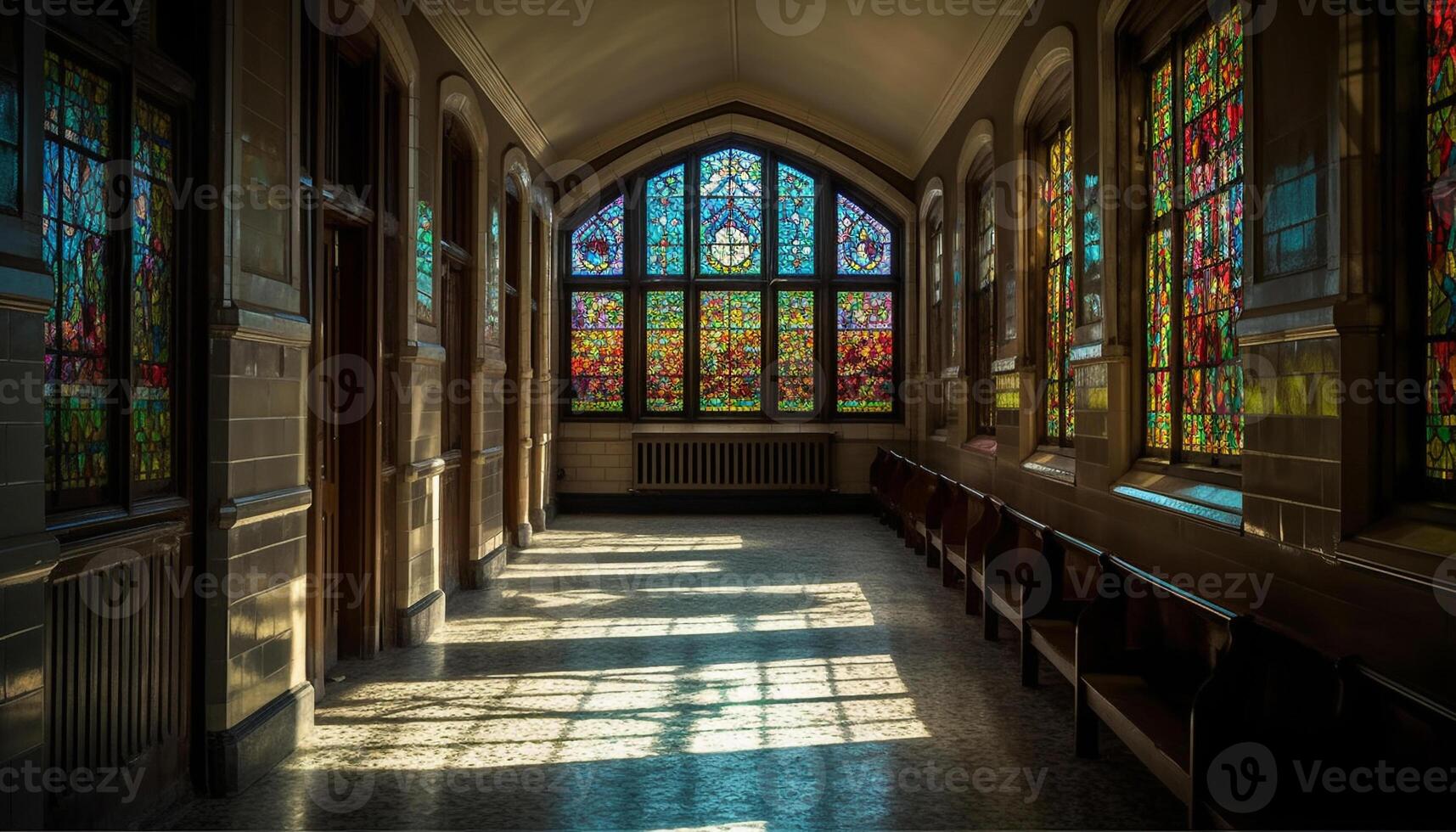 Medieval chapel with stained glass window and gothic architecture generated by AI photo