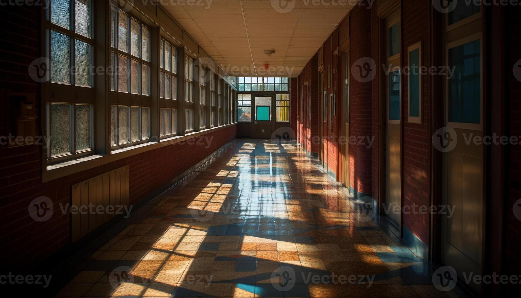 Empty corridor, vanishing point, illuminated by natural sunlight through glass generated by AI photo