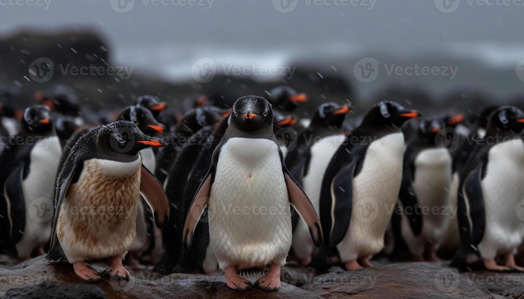 King and Gentoo penguins waddle on icy African coastline generated by AI photo