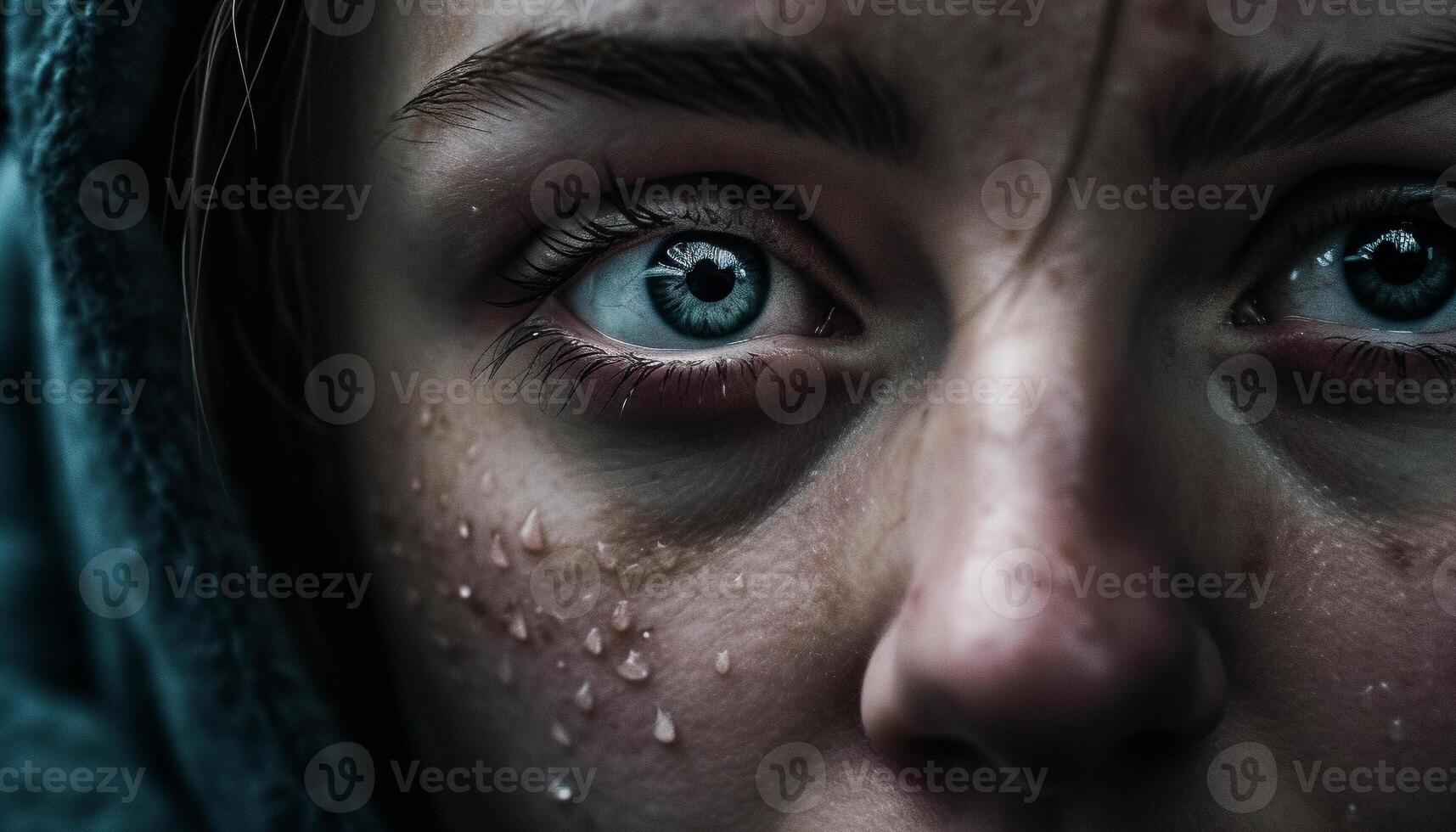 One woman staring, grief in her eyes, wet with rain generated by AI photo