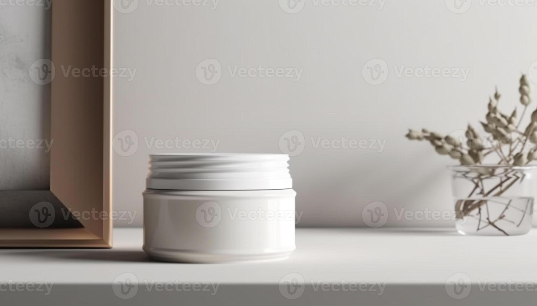 Empty modern jar on wooden shelf in clean domestic room generated by AI photo