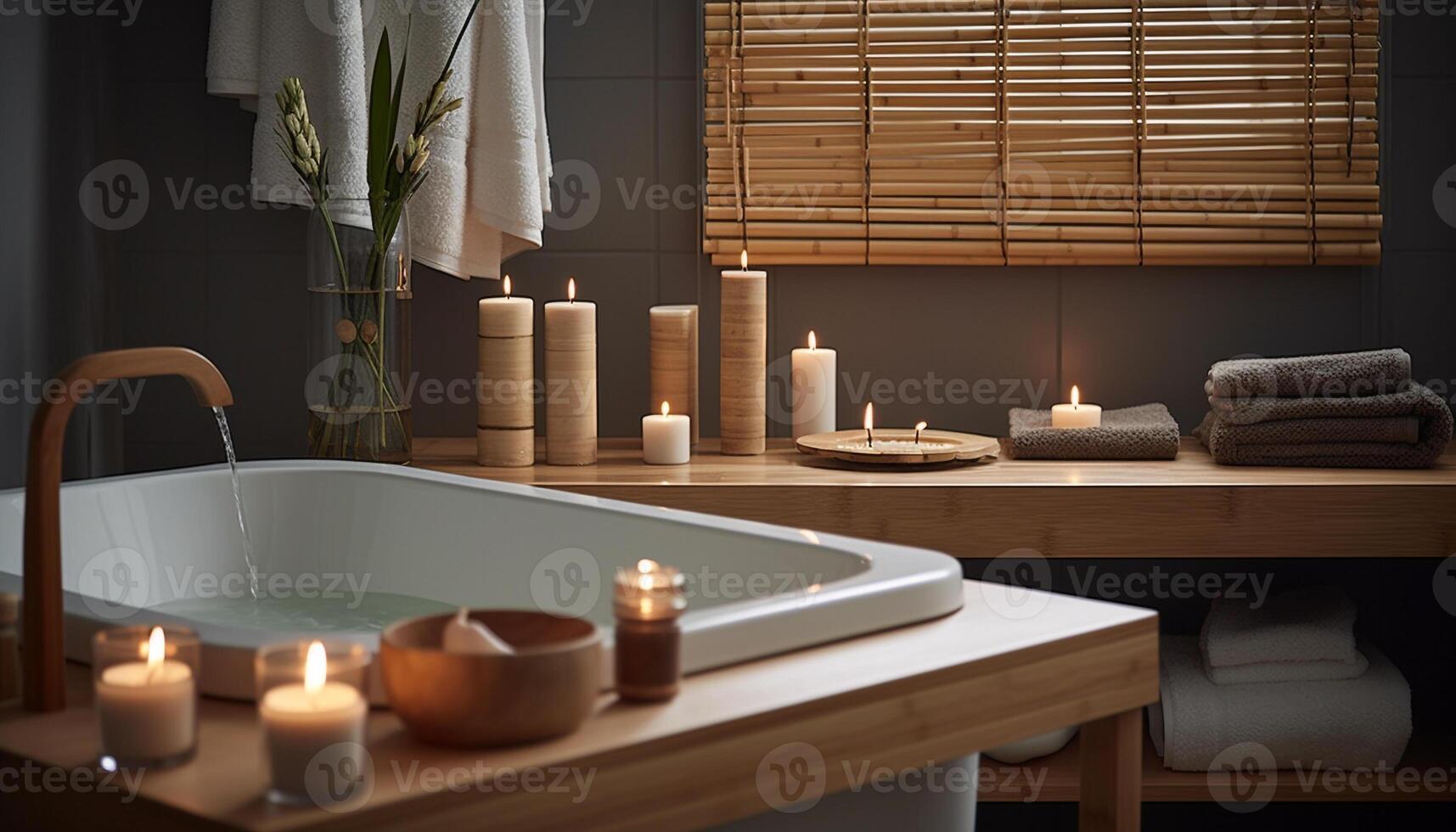 Luxury spa treatment in a modern, elegant bathroom with candlelight generated by AI photo