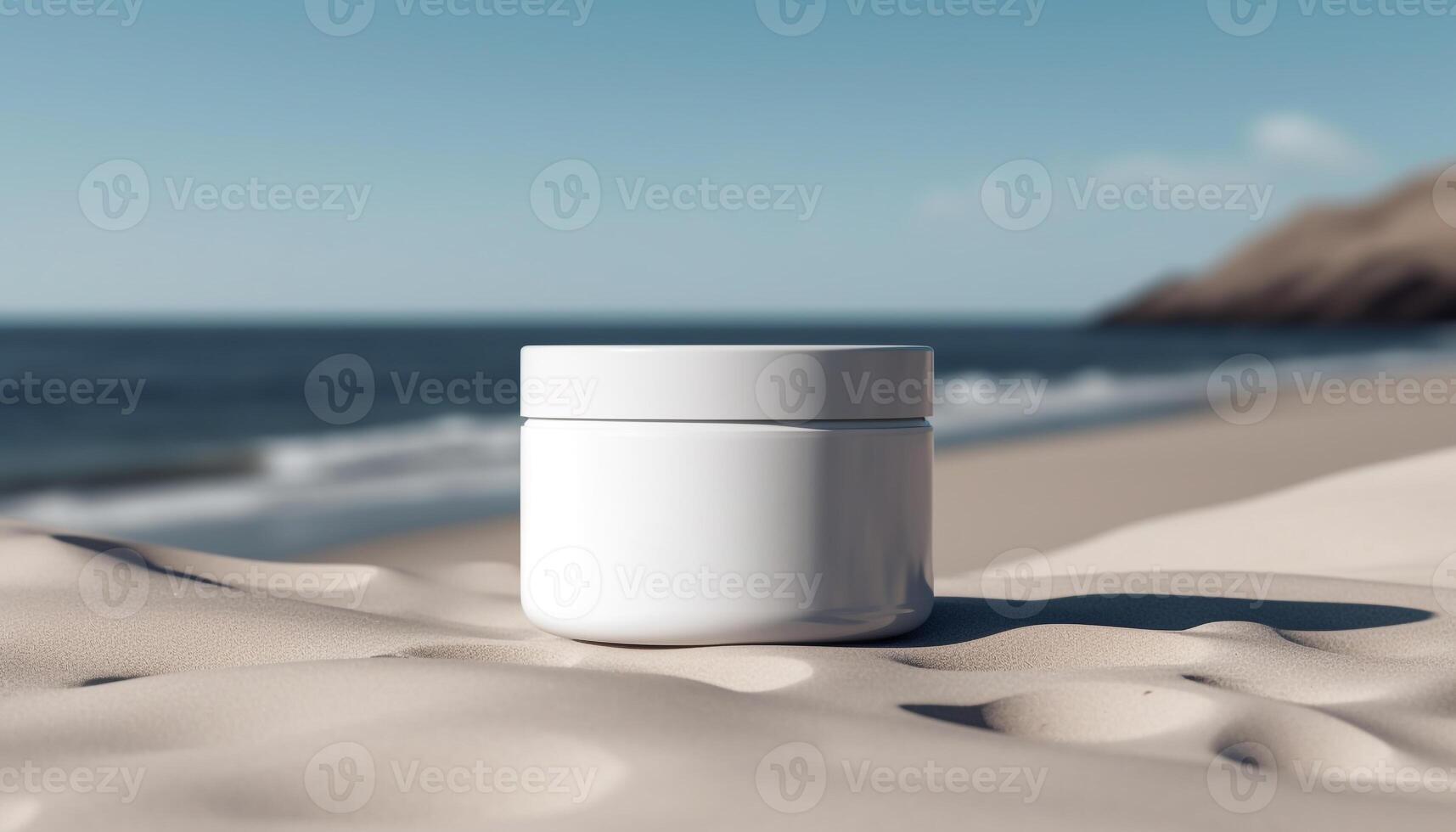 Healthy sunscreen bottle on sandy beach for summer vacation relaxation generated by AI photo