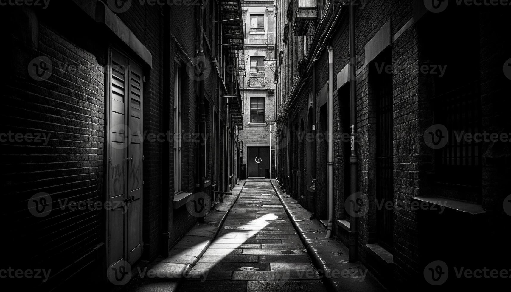 Vanishing point of old city street, dark and spooky history generated by AI photo