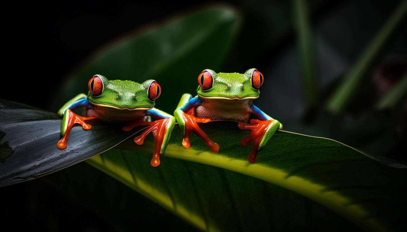 Red eyed tree frog sitting on leaf, watching tropical rainforest generated by AI photo