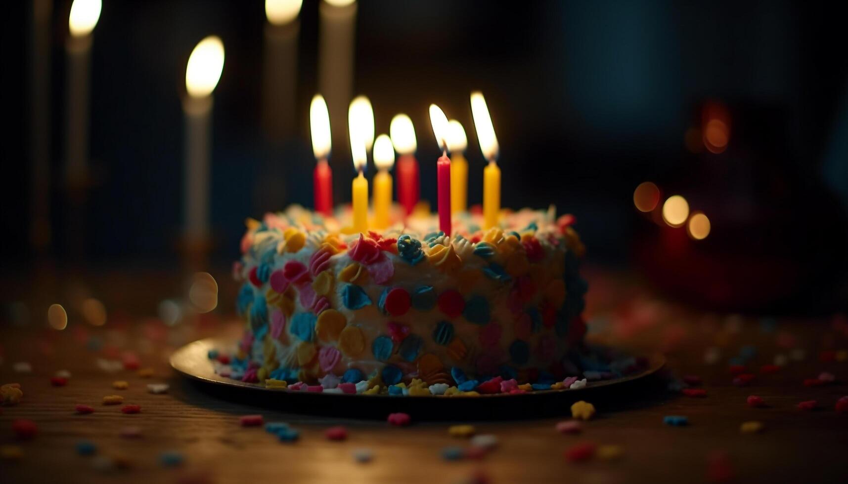 Bright birthday candles burning on sweet chocolate cake with