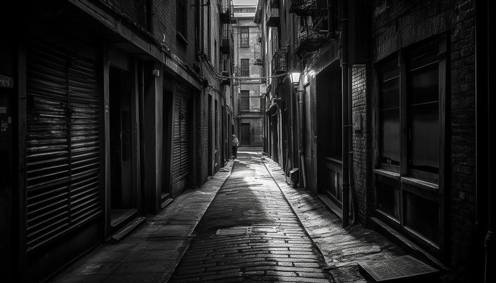 antiguo ciudad calle, desvanecimiento punto, iluminado por calle ligero generado por ai foto