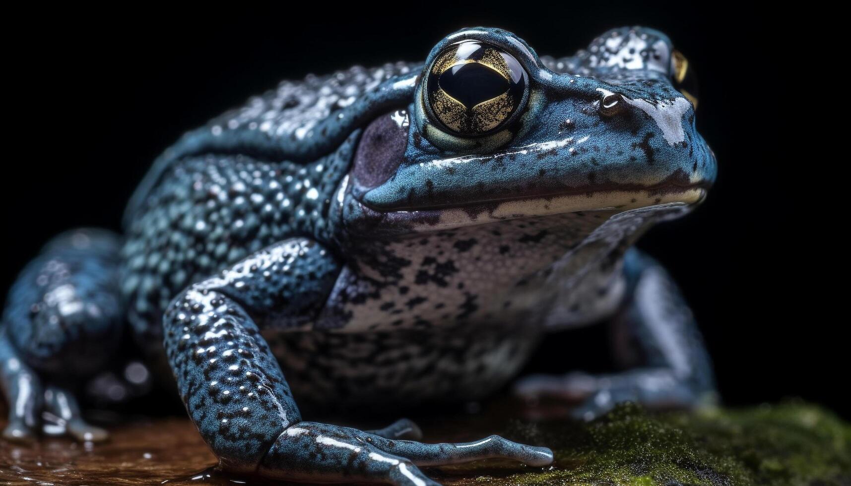 Slimy toad sitting in wet pond, looking away from camera generated by AI photo