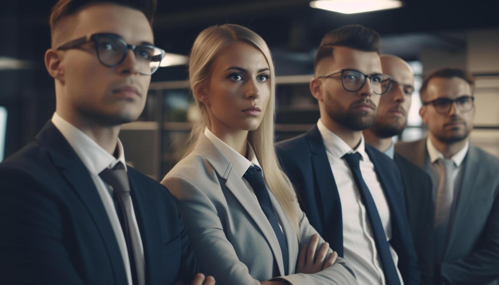 Multi ethnic group of professionals in formalwear brainstorming successful strategies generated by AI photo