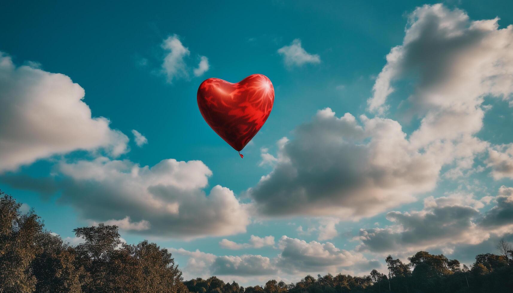 Heart shaped balloon flying in blue sky symbolizes love and freedom generated by AI photo