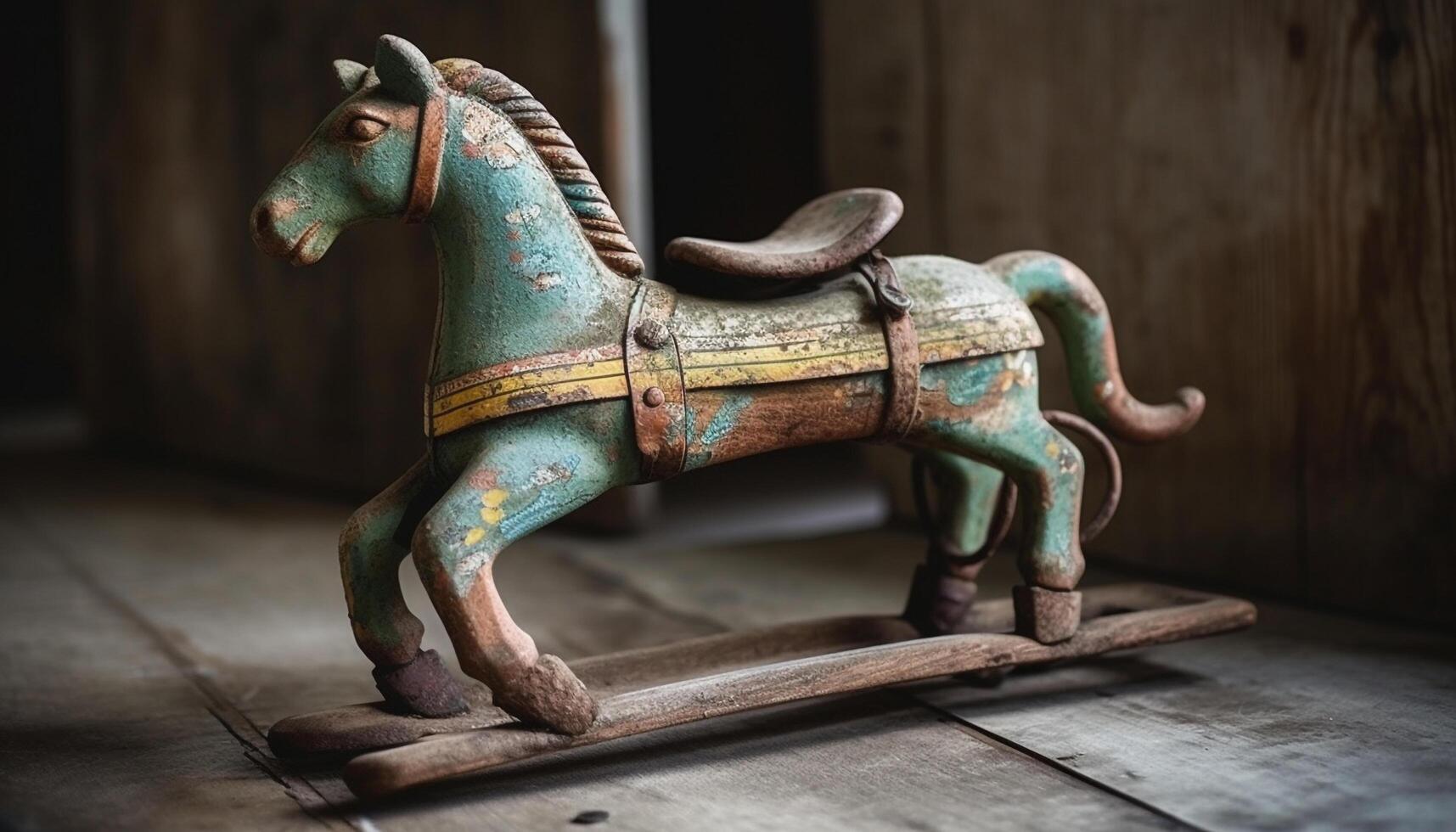 Antique rocking horse, a rustic souvenir of childhood fun playing generated by AI photo
