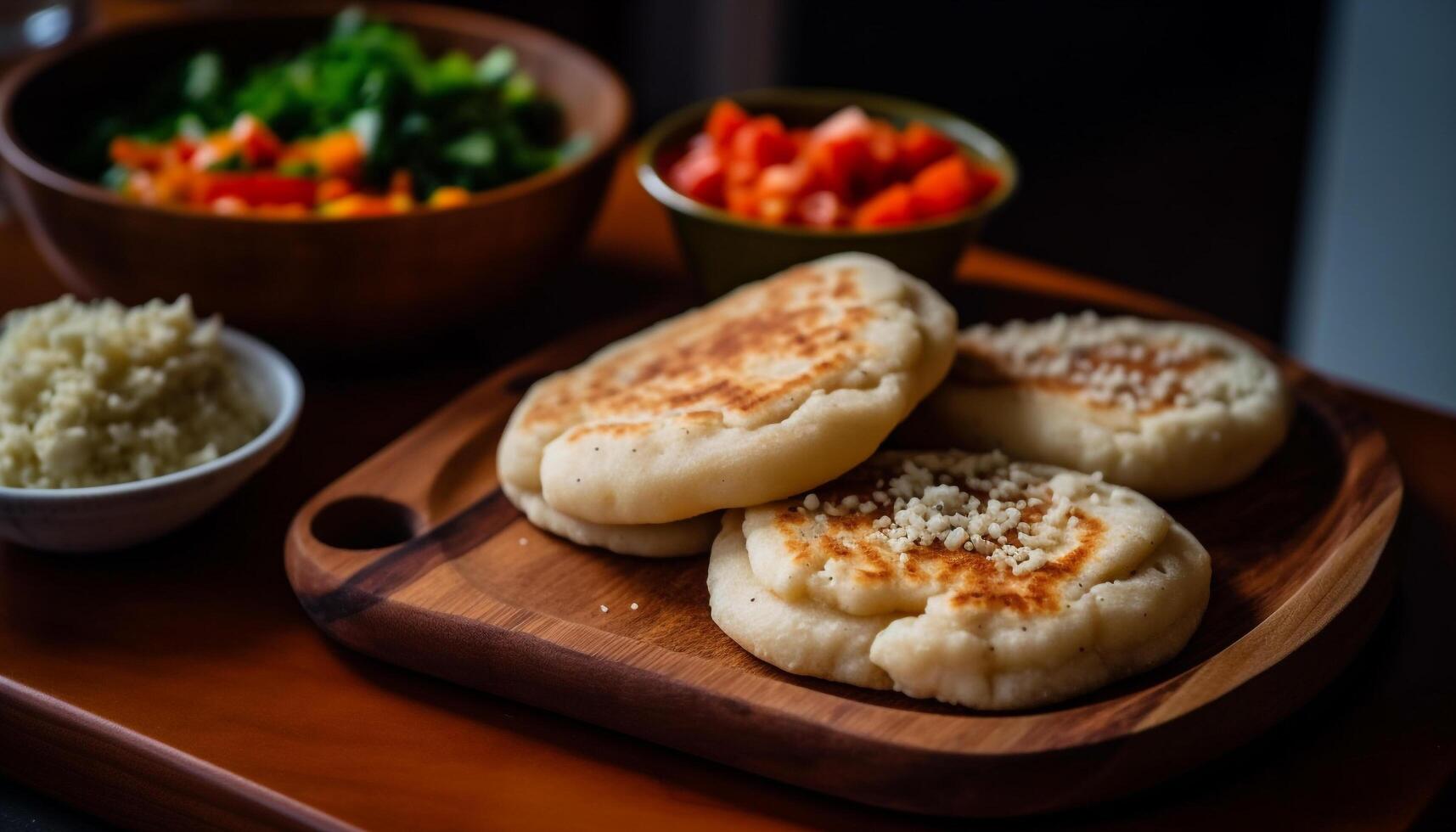 Homemade vegetarian pancake stack on rustic wooden cutting board generated by AI photo