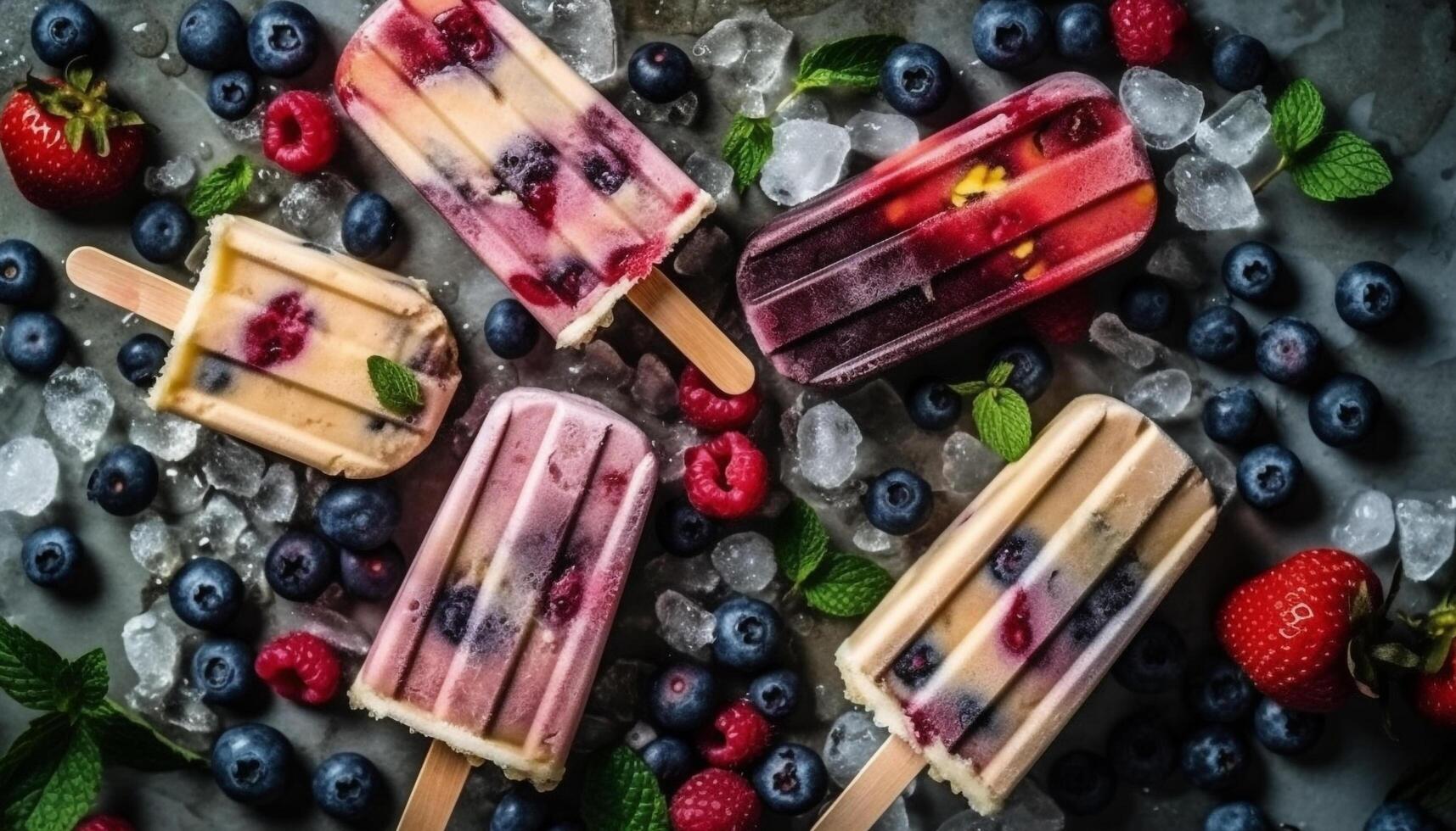 Frozen berry dessert on wooden table with mint and chocolate generated by AI photo
