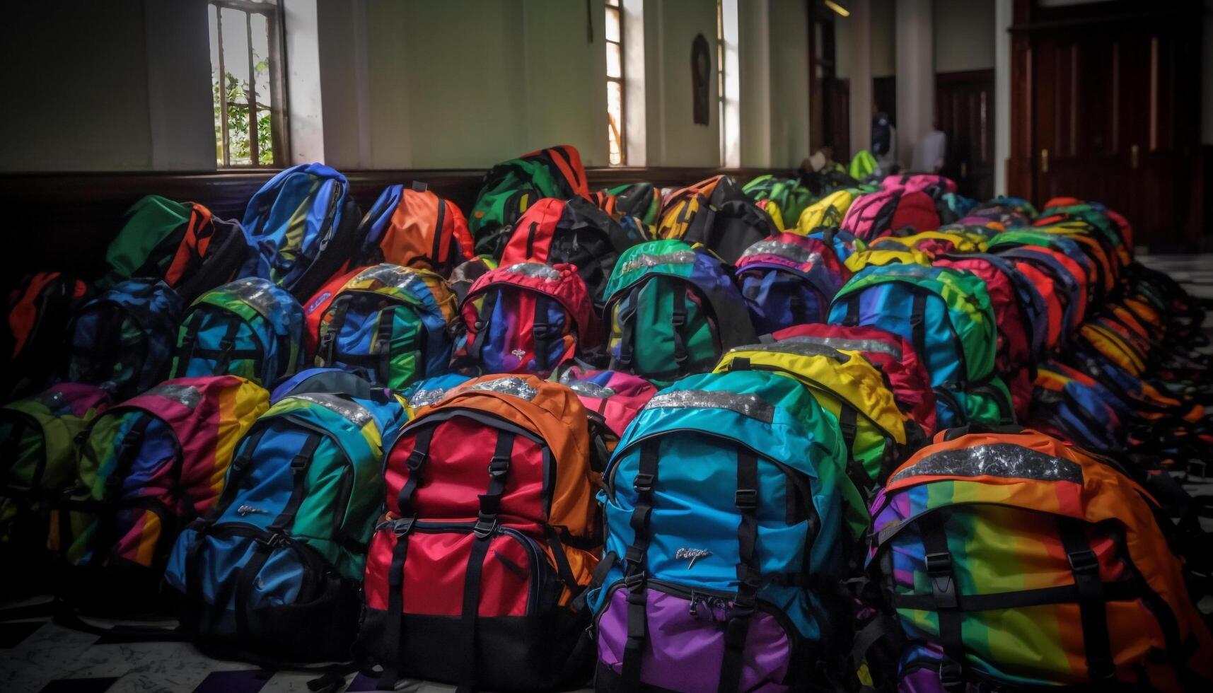 Multi colored backpacks for outdoor adventure and hiking travel destinations generated by AI photo