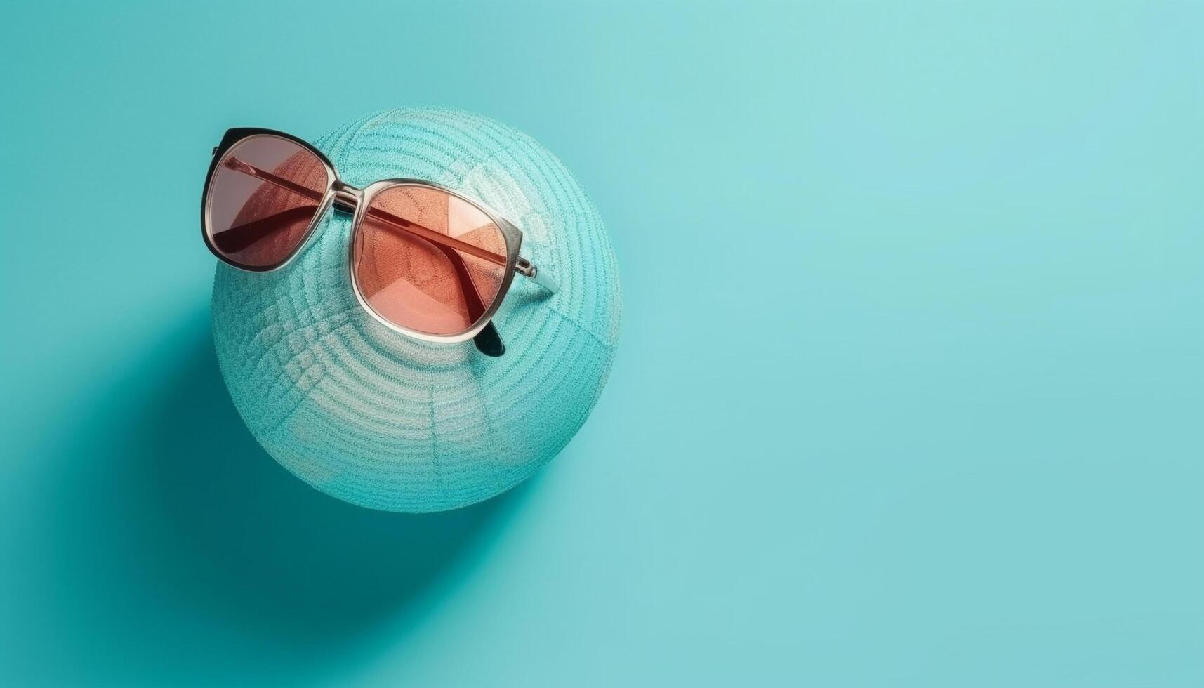 Blue sunglasses reflect summer fun and tropical vacation levitation generated by AI photo