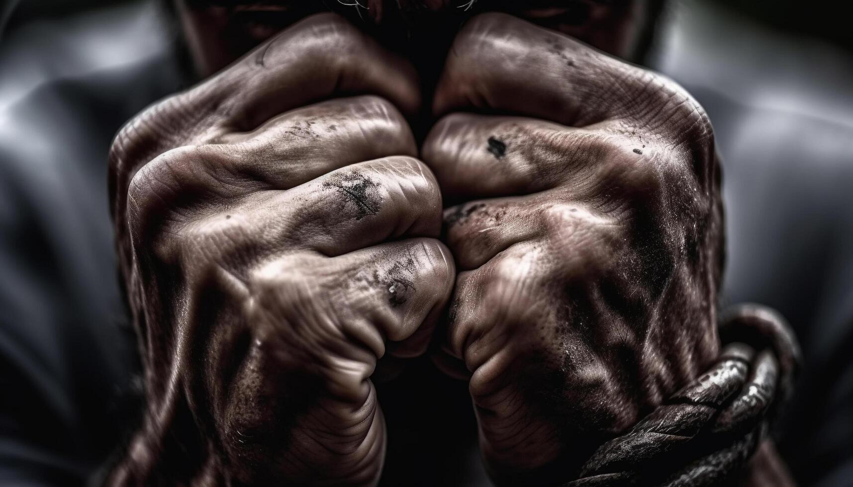 Old craftsman strong hand holds leather tool in workshop sculpture generated by AI photo