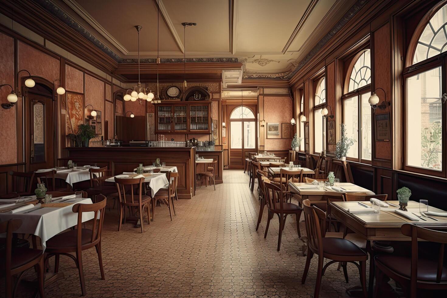 3d rendering of a vintage cafe interior with a lot of furniture, A big French-style restaurant interior view without customers, photo