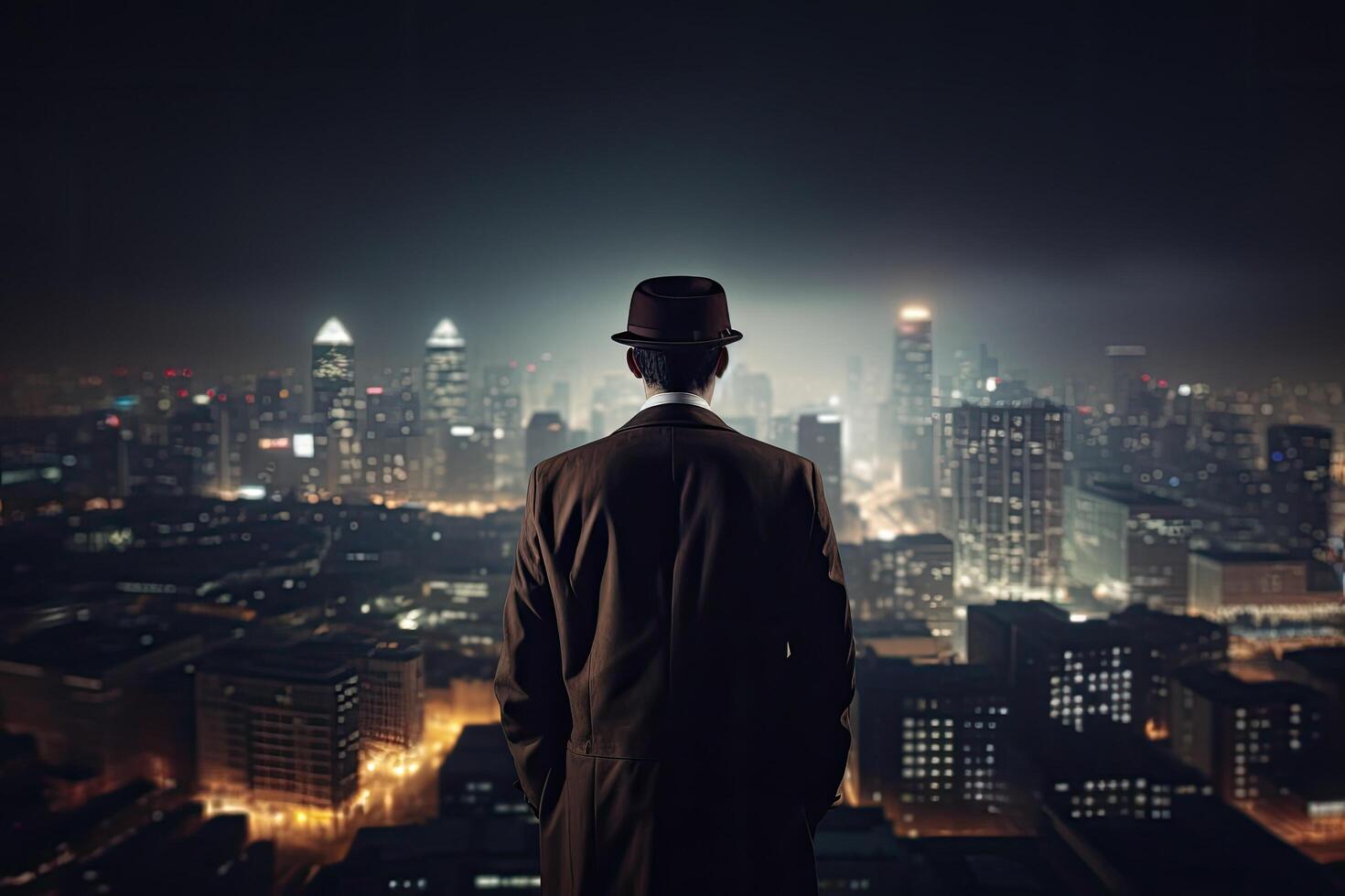 Rear view of businessman looking at night cityscape and foggy sky, A businessman full rearview wearing a tailored suit and looking out towards a city skyline. photo