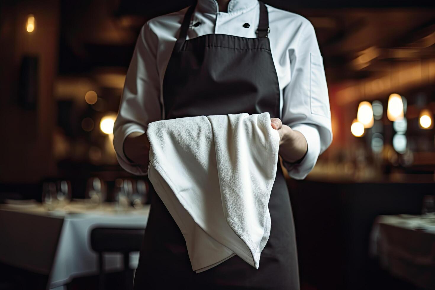 Close up of a waiter holding a white napkin in a restaurant, A male server wearing a server uniform and holding a towel, photo