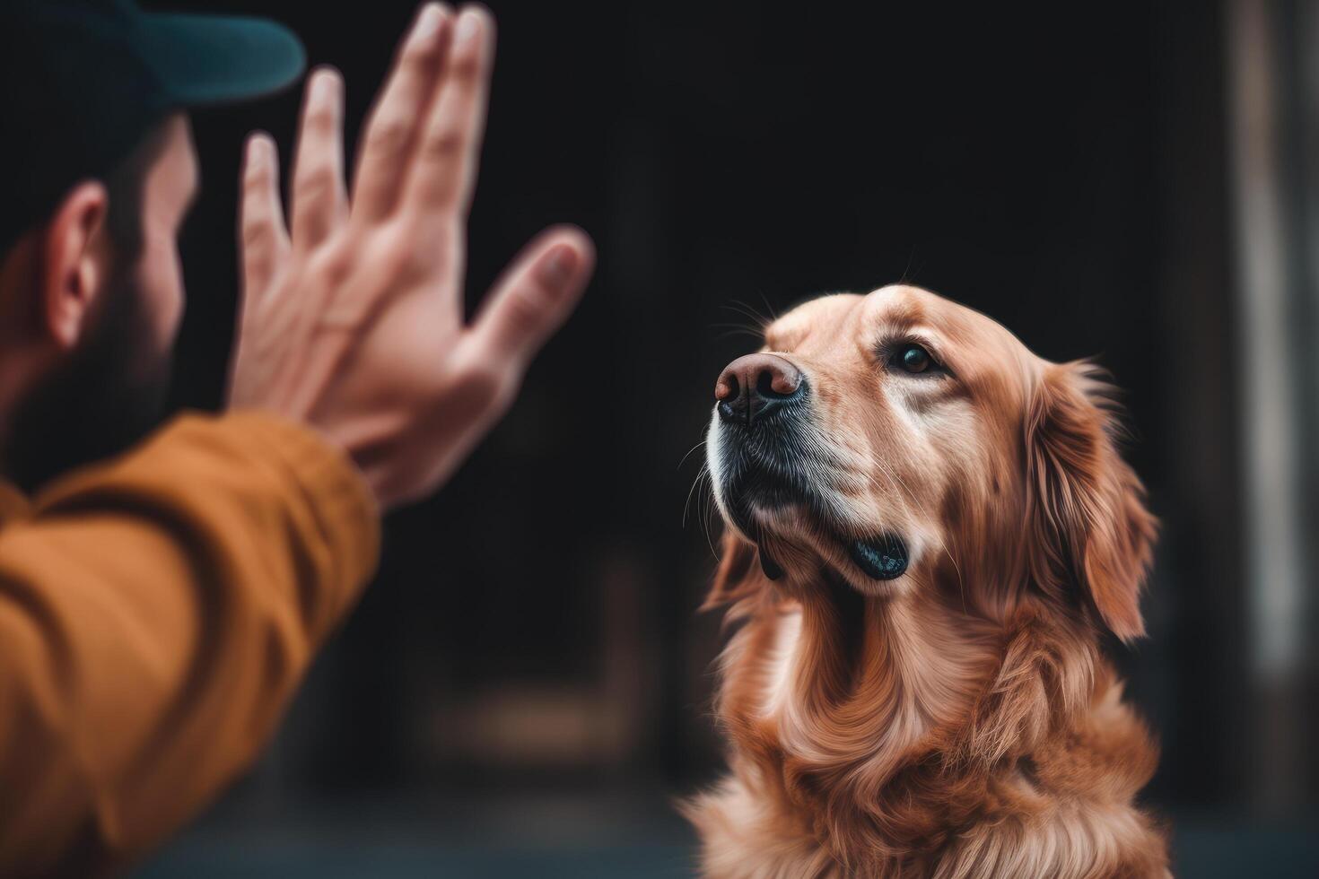 cropped shot of man gesturing with hand and golden retriever dog, A man high fiving his dog enthusiastically, photo