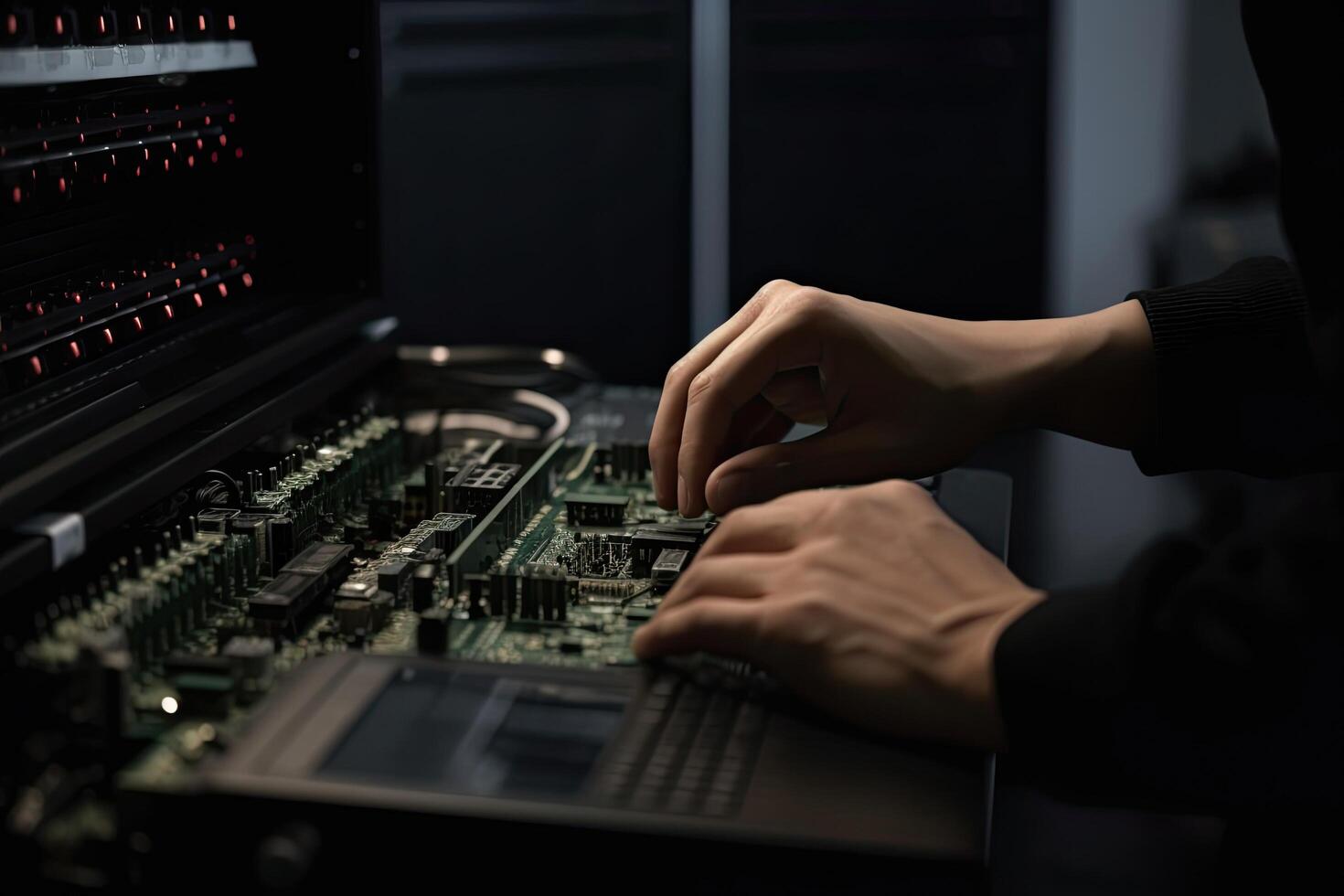 cerca arriba de manos de profesional ingeniero trabajando en computadora en oscuro habitación, un de cerca Disparo de un joven masculino ingeniero mano trabajando en tarjeta madre, ai generado foto