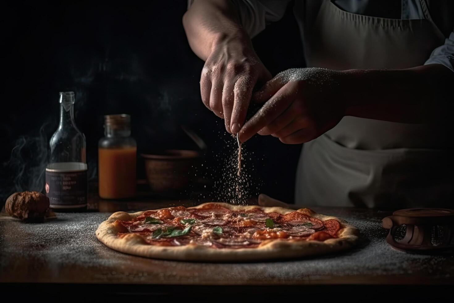 Chef sprinkling pepperoni pizza on wooden table in dark room, In a close-up view, the hands of a chef skillfully assemble a delicious photo