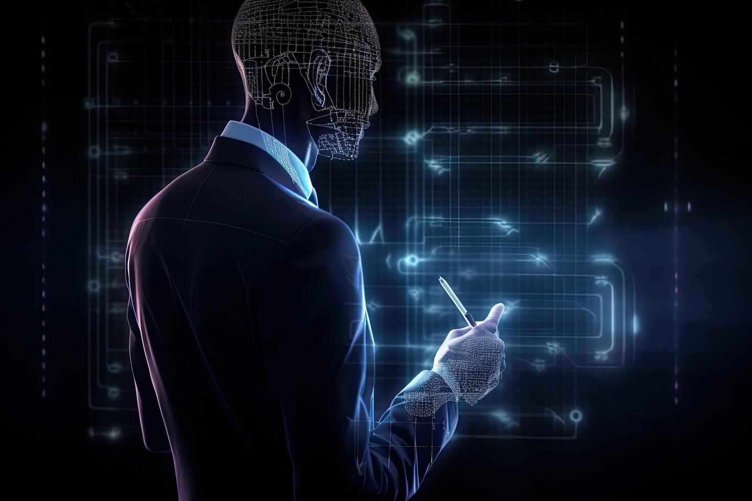 3D rendering of a man in a suit with a pen in his hand, artificial intelligence holographic businessman photo