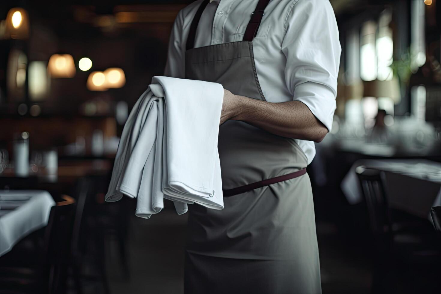 recortado imagen de camarero participación servilletas mientras en pie en el restaurante, un masculino servidor vistiendo un servidor uniforme y participación un toalla, ai generado foto