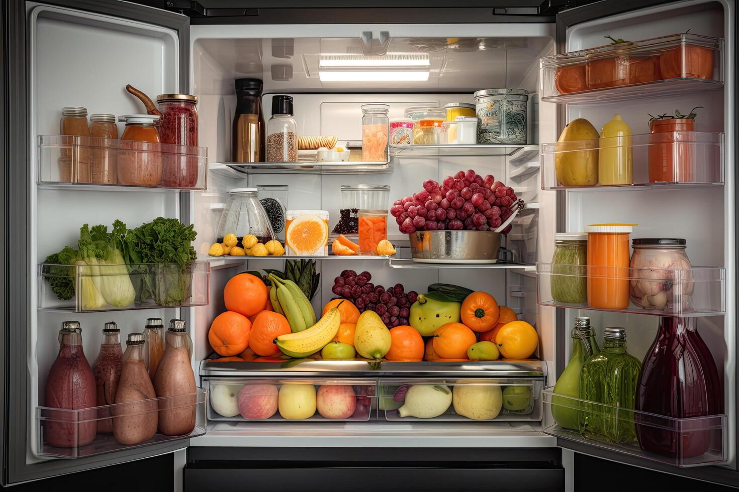 A refrigerator full of healthy food, fruits, and vegetables, An opened fridge full of fresh fruits and vegetables, photo