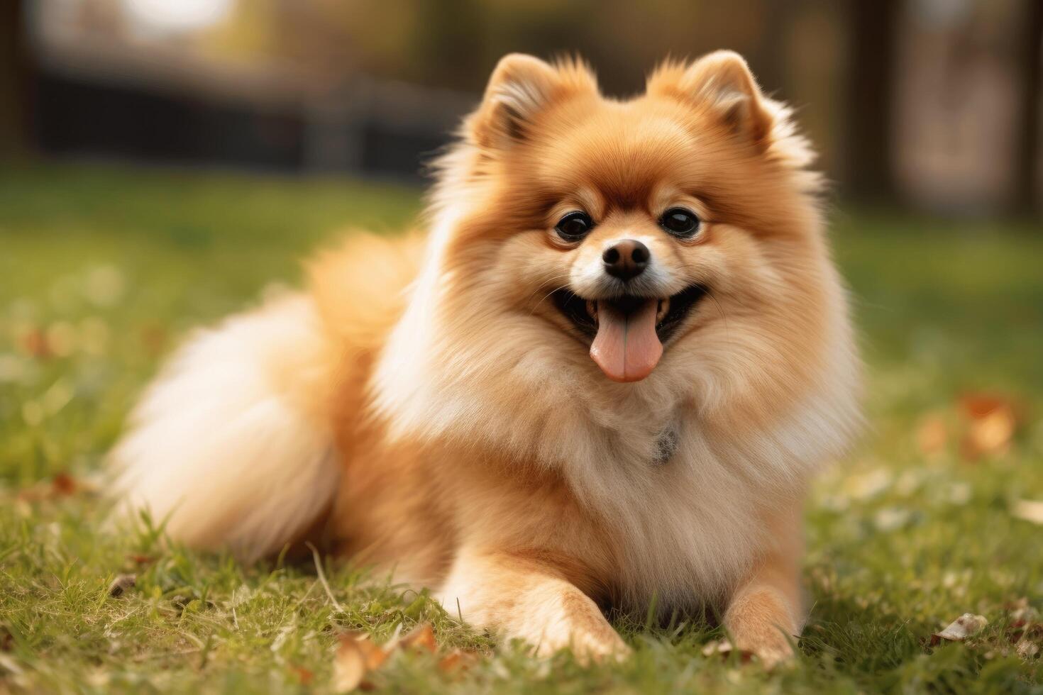 hermosa pomeranio perro acostado en el césped en el parque ai generado foto