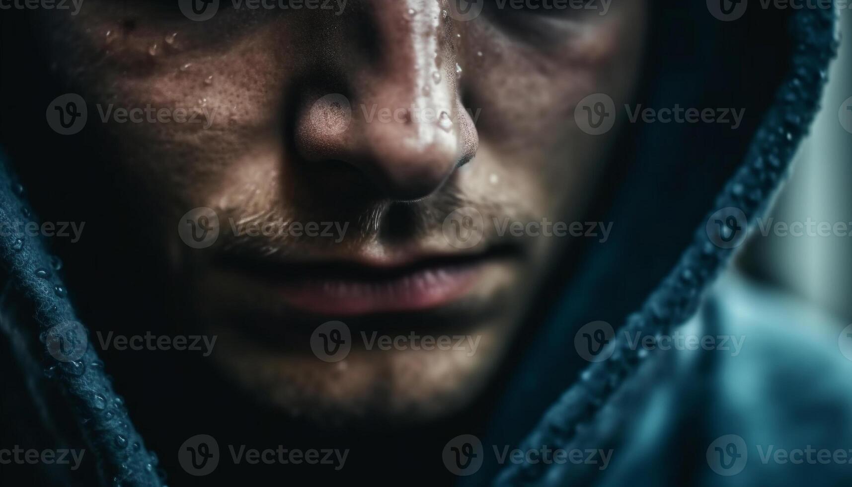 Sad young adult man in hooded shirt looks at camera generated by AI photo