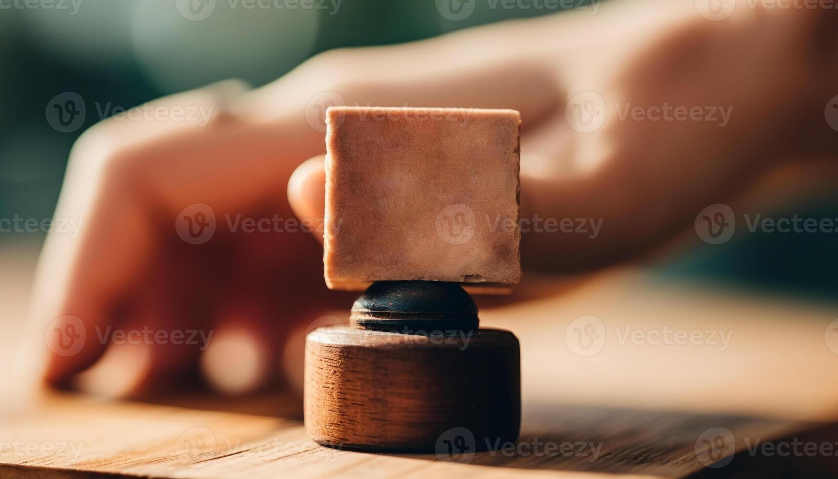 Hand holding nail, repairing wood plank in workshop with equipment generated by AI photo