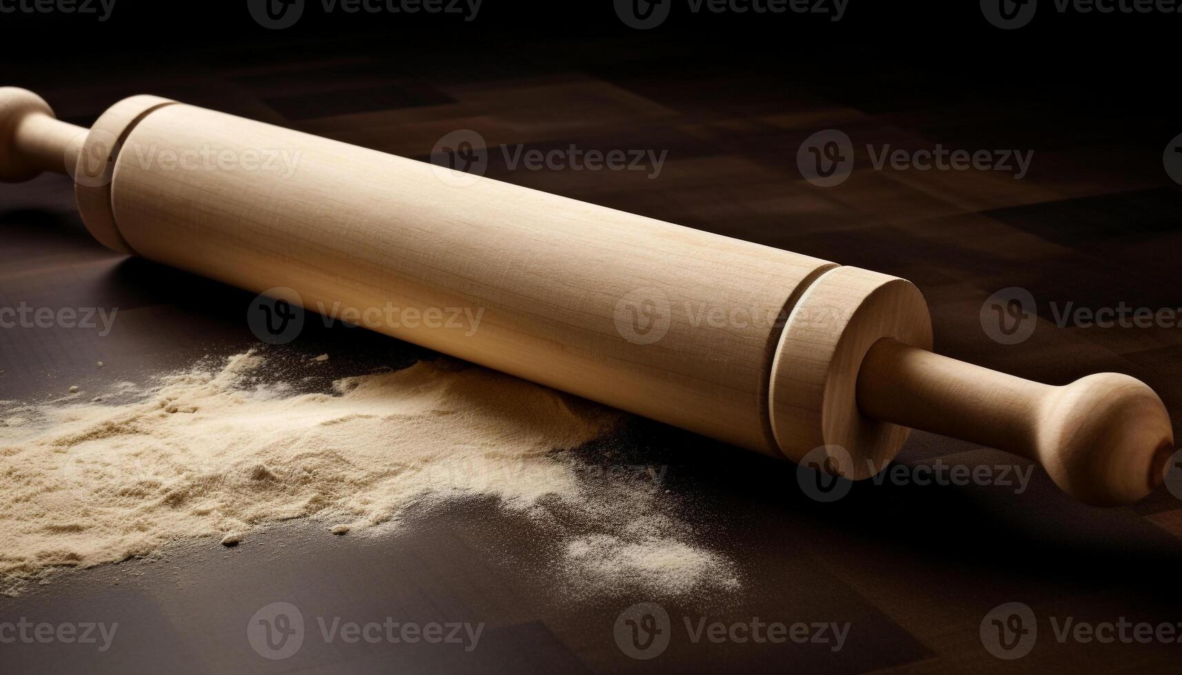 Homemade dough rolled on wooden table with rolling pin generated by AI photo