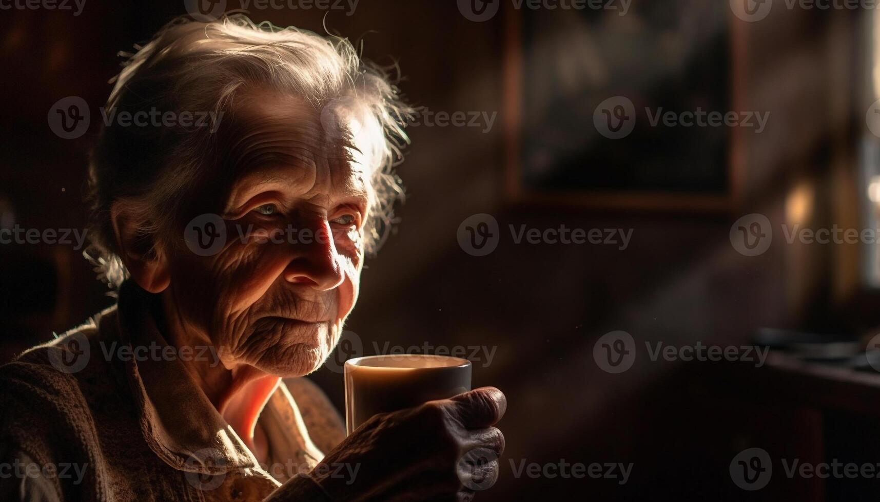 Smiling senior man holding coffee cup, enjoying retirement at home generated by AI photo