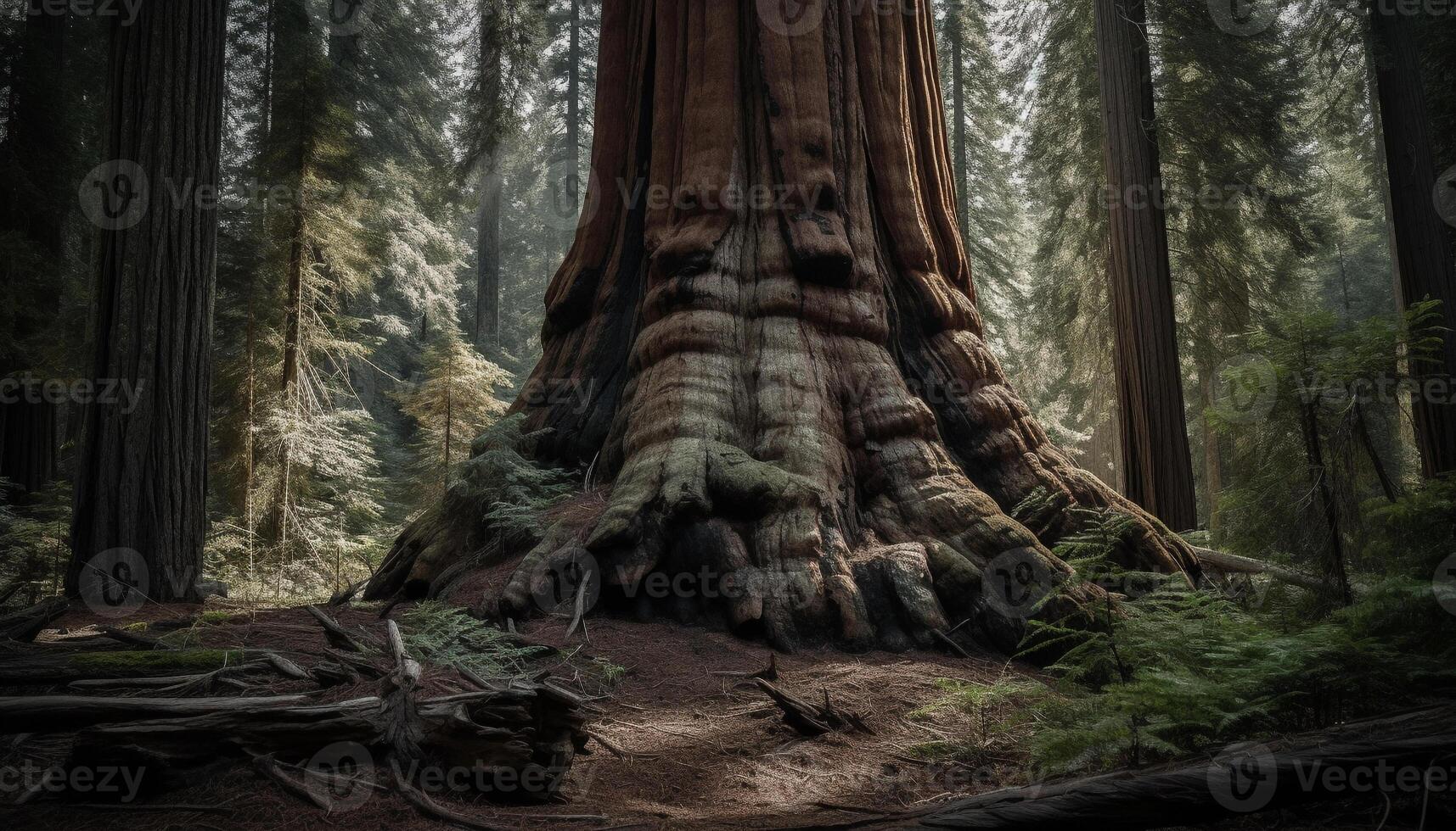 Tranquil scene of old coniferous tree in mysterious forest wilderness generated by AI photo