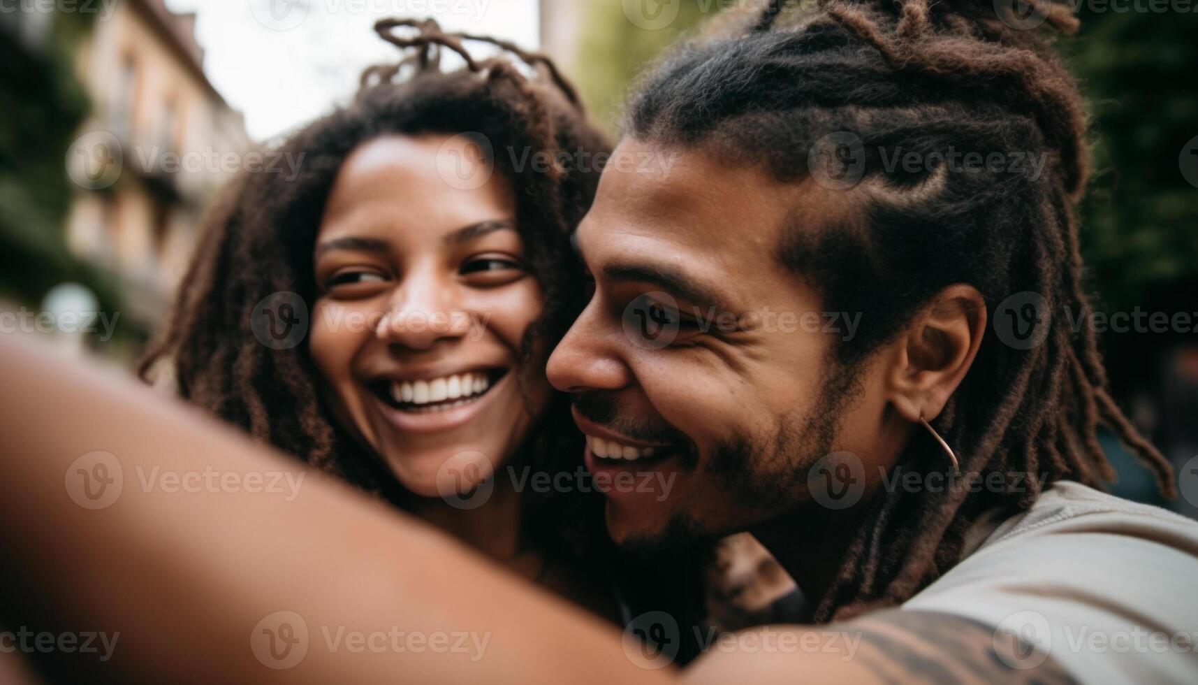 Young adults smiling, embracing, enjoying nature, in a carefree relationship generated by AI photo