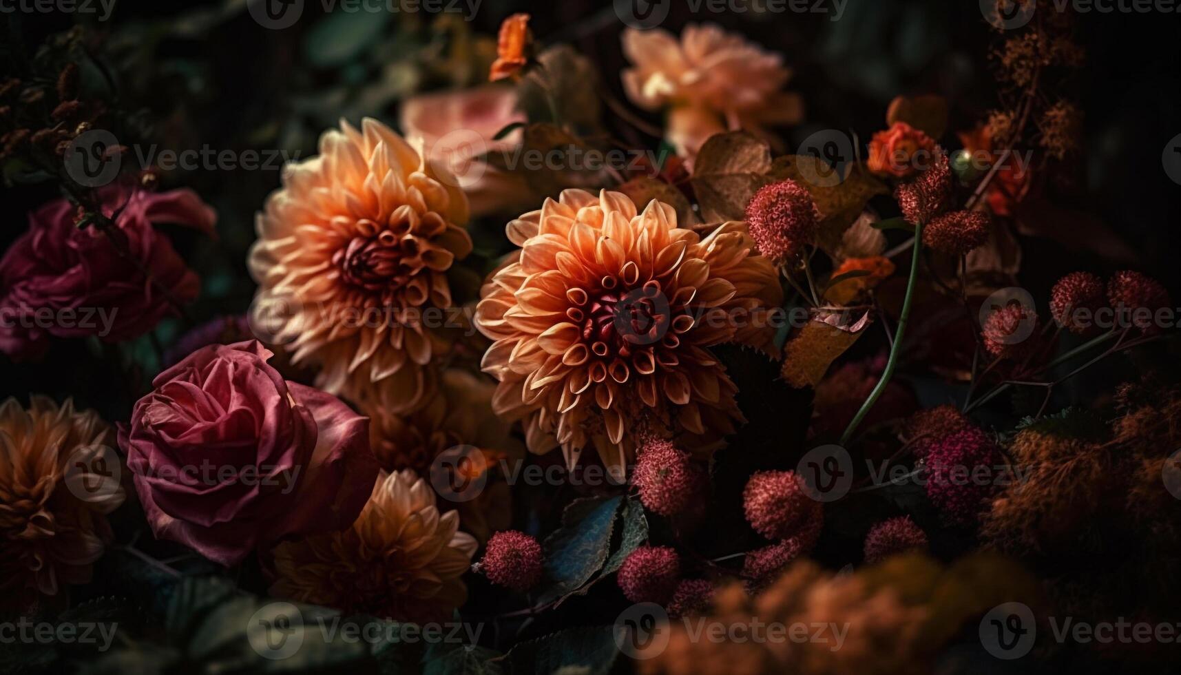 Vibrant bouquet of multi colored flowers in a wooden vase generated by AI photo