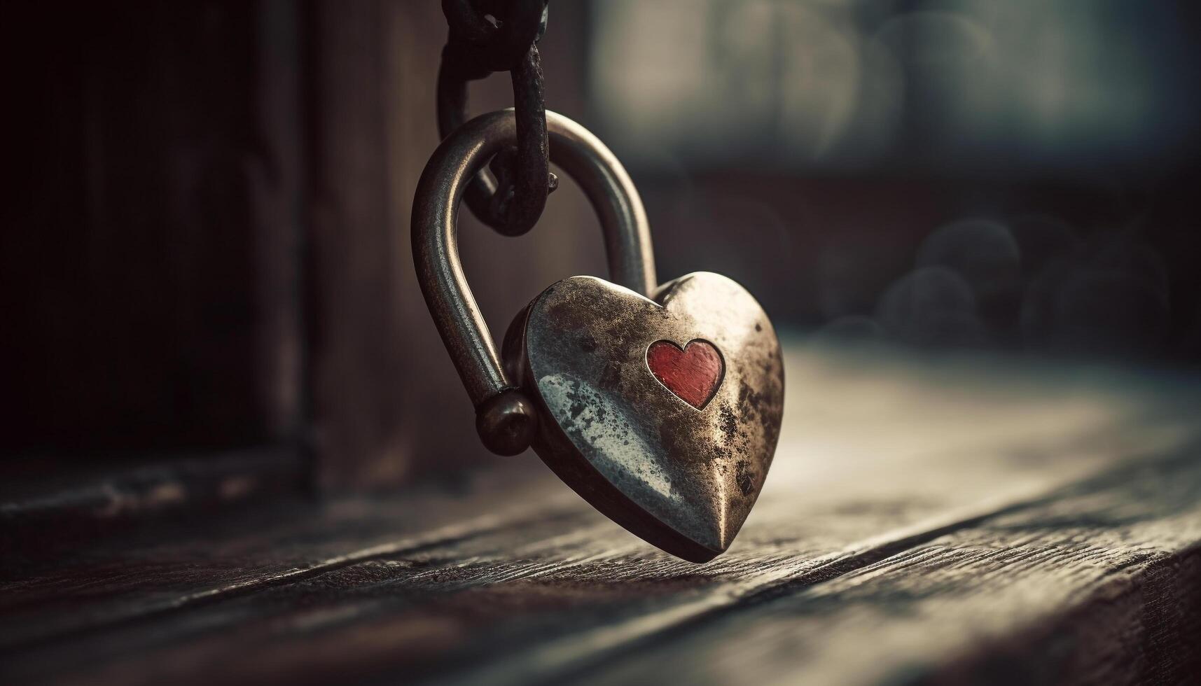 Rusty padlock on wooden table symbolizes old fashioned love and security generated by AI photo