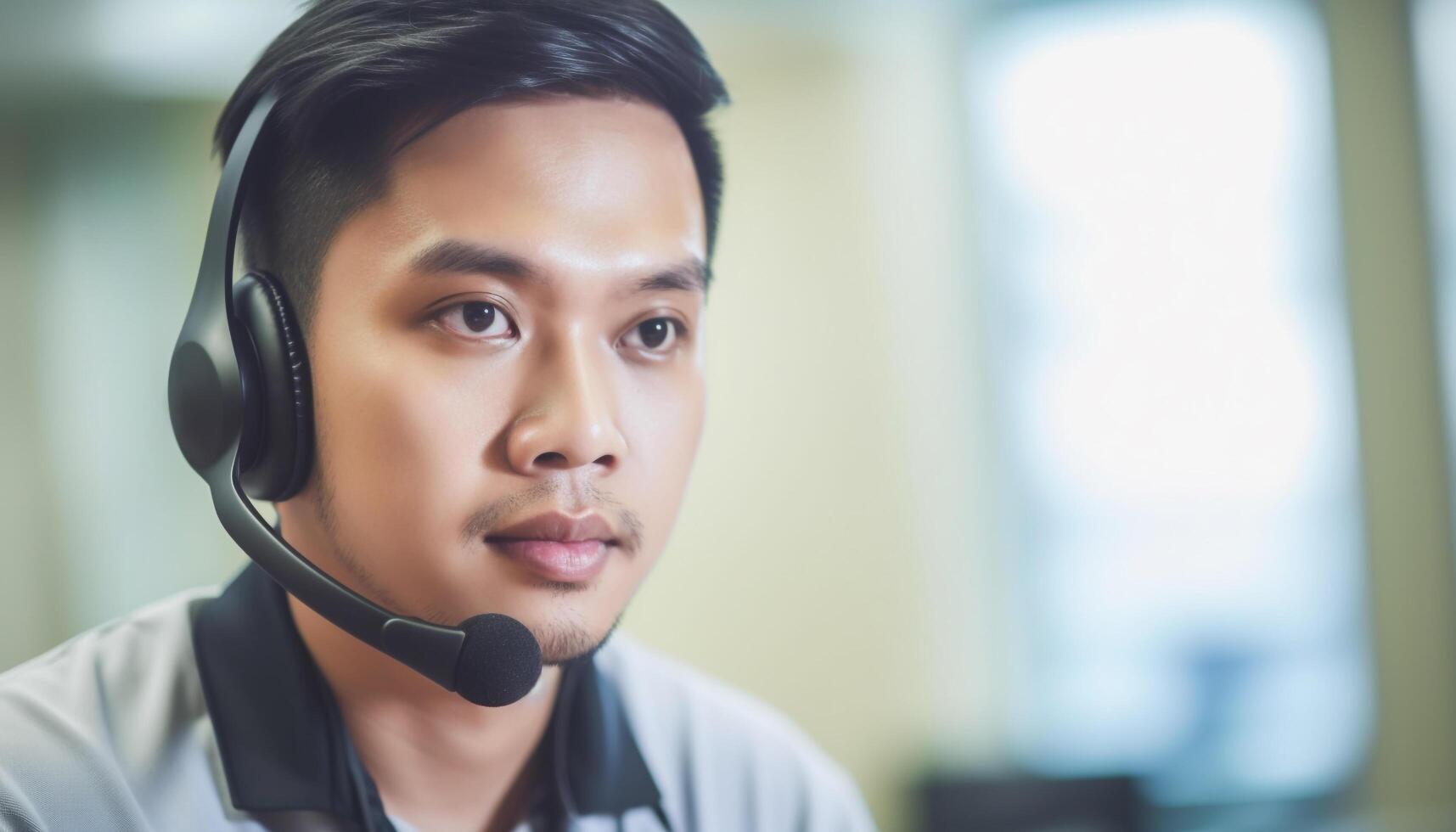 Confident businessman smiling, listening with headphones in busy office generated by AI photo