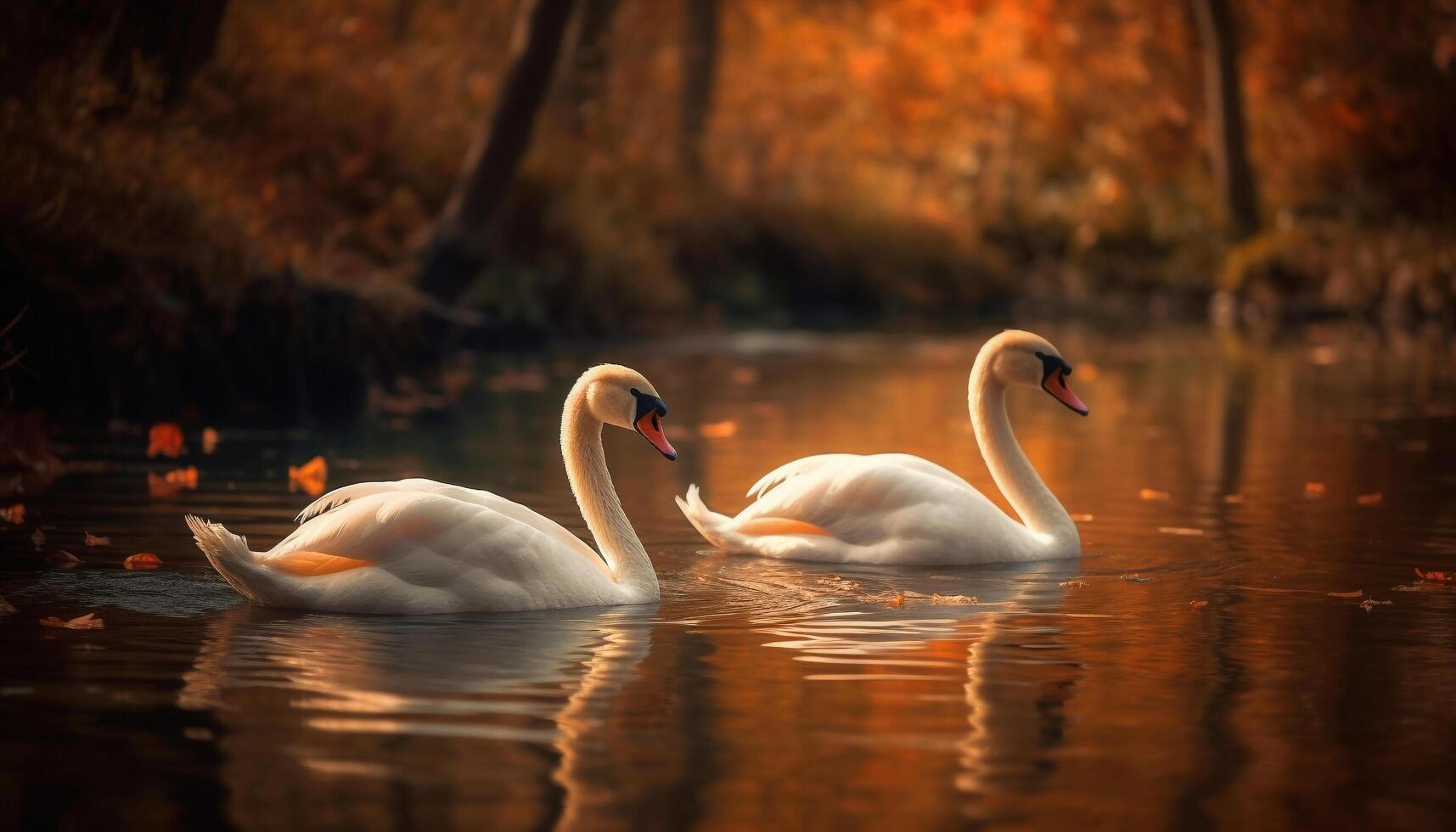 mudo cisnes gracia tranquilo estanque, reflejando natural belleza a puesta de sol generado por ai foto