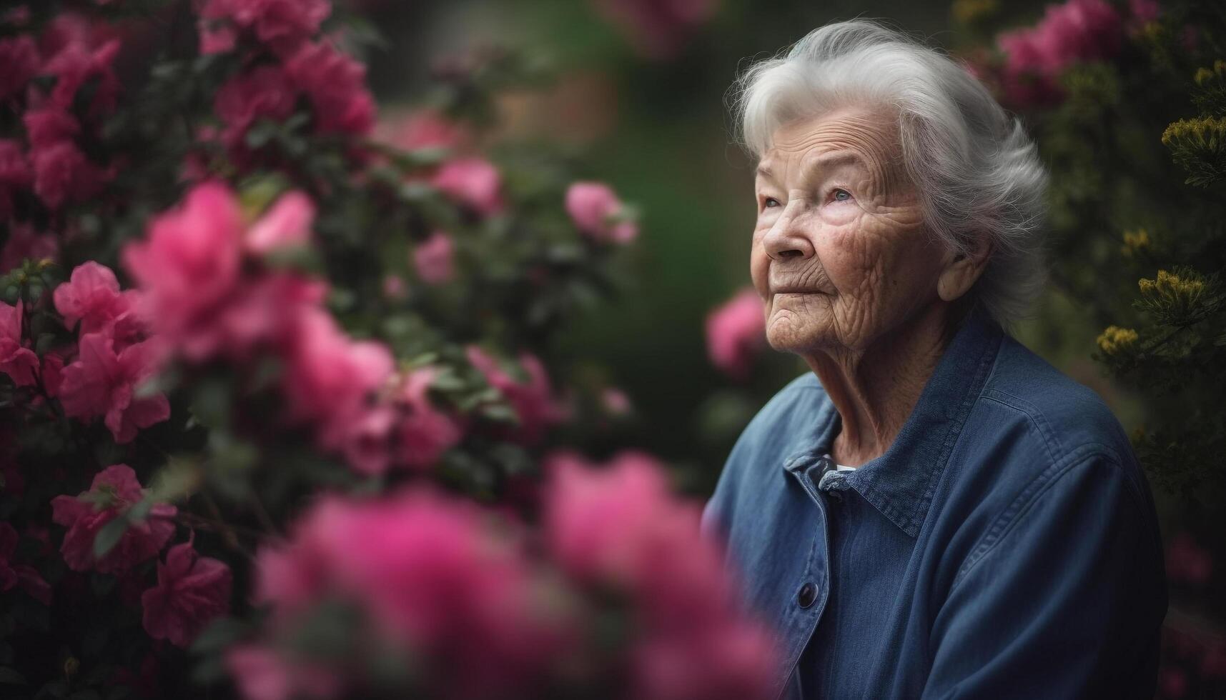 Smiling senior woman enjoys nature freshness, exuding confidence and enjoyment generated by AI photo