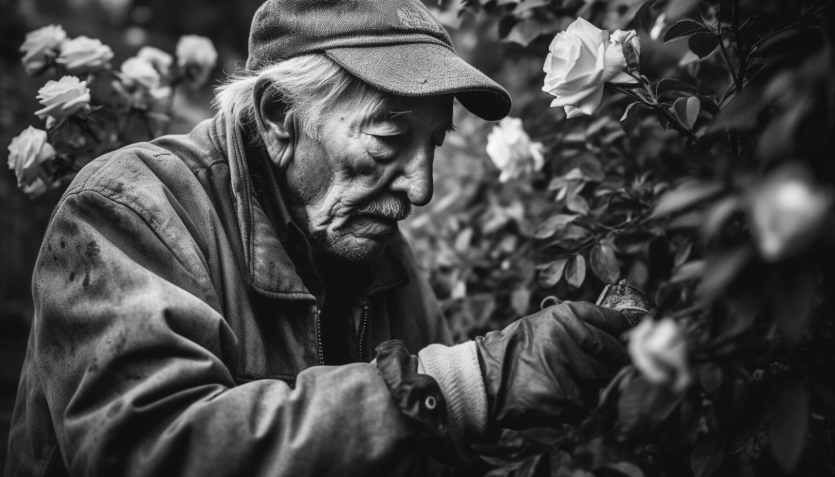 Old man in cap, gray beard, sadness in autumn forest generated by AI photo