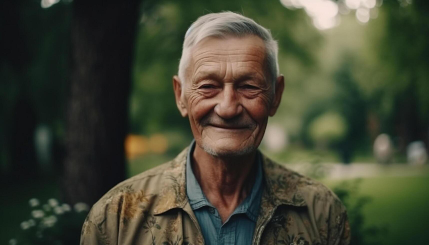 Senior man enjoys nature, smiles in forest with green trees generated by AI photo