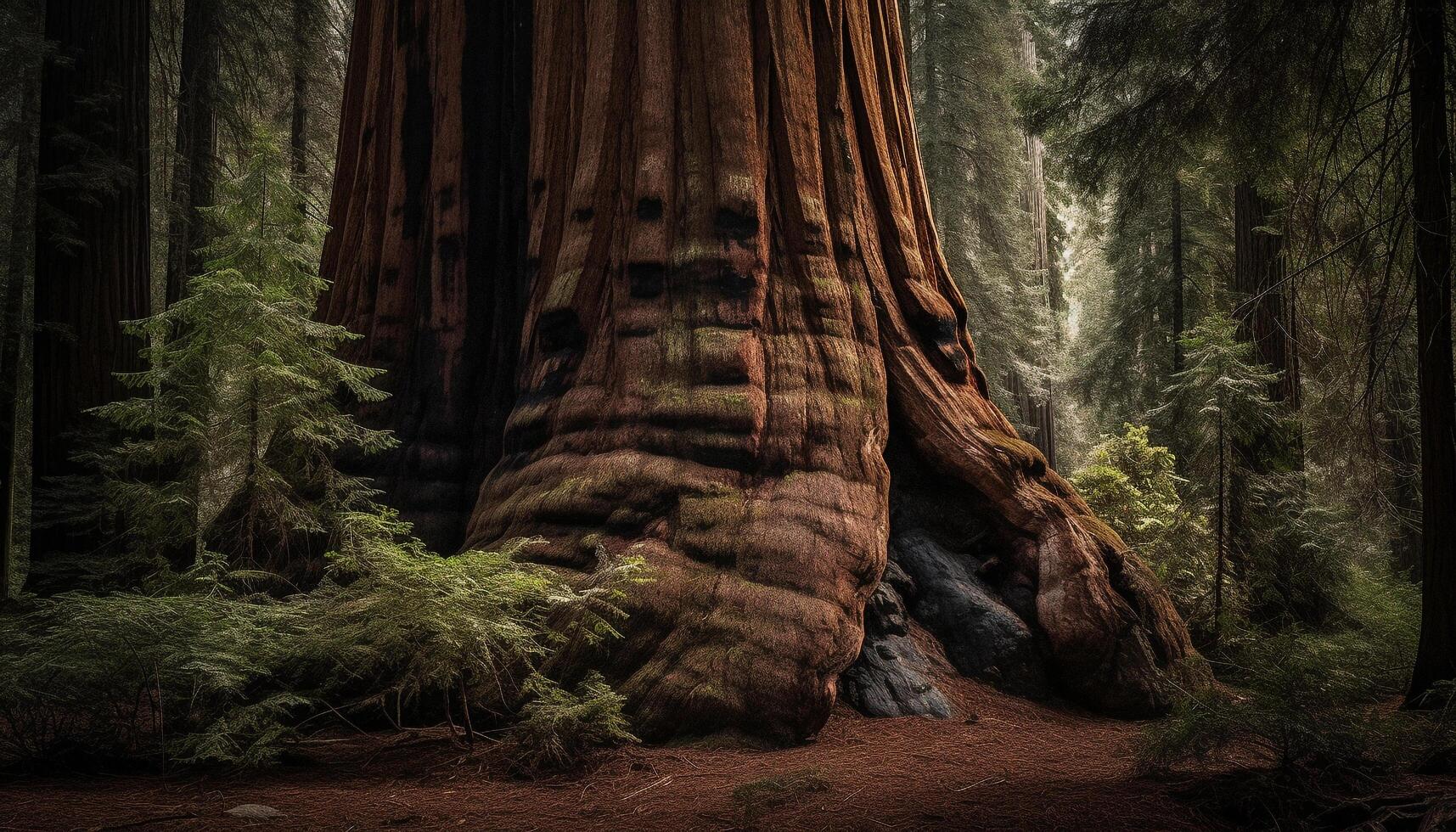 Tranquil footpath winds through majestic coniferous trees in wilderness area generated by AI photo