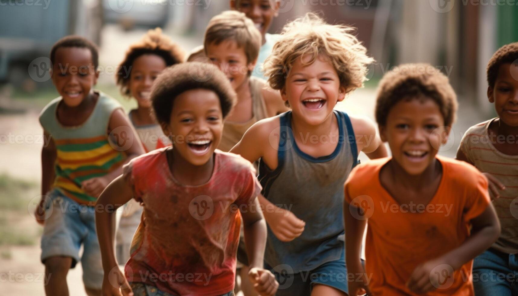 Group of smiling children enjoying carefree summer fun outdoors generated by AI photo